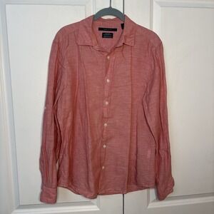 Perry Ellis Linen Blend Shirt Mens M Pink Resort Vacation Summer Roll Tab Sleeve